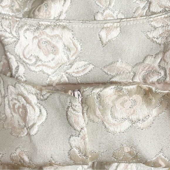 Vintage 1960s Handmade Taupe Blush Brocade Mini Dress Pastel Pink Bow – Size 0/2 - Picture 13 of 15